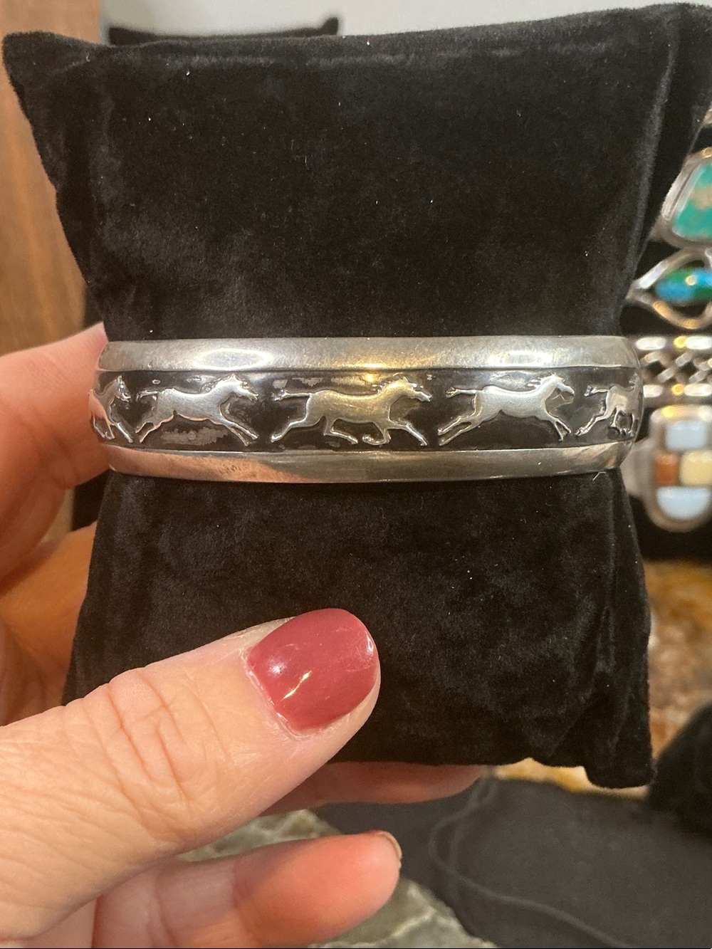 Vintage Sterling Silver and Black Enamel Horse Motif Cuff Bracelet - Silver